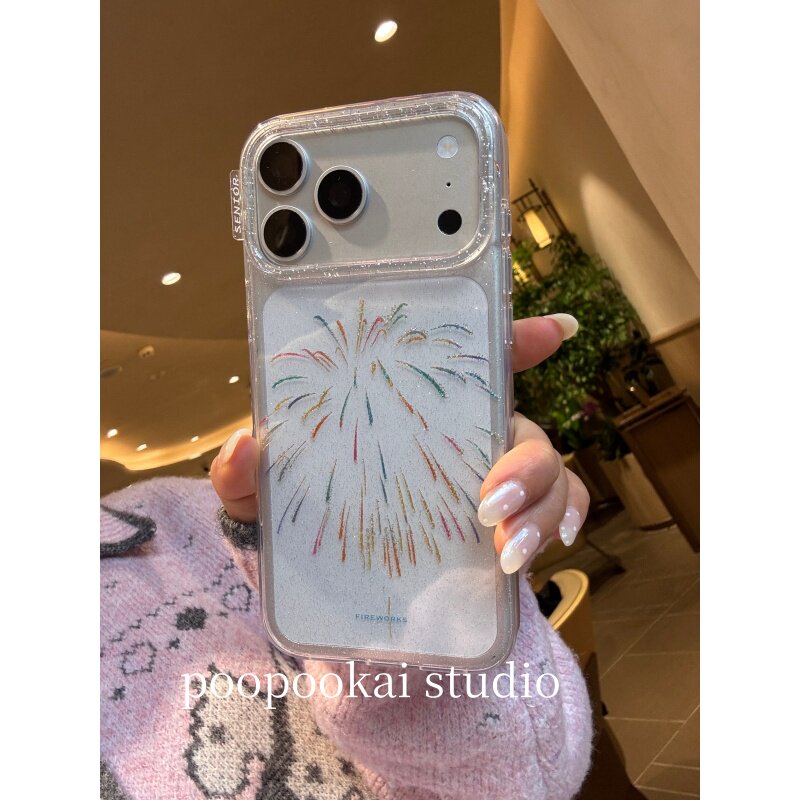 PooPookai小众ins透明镭射烟花彩色适用于苹果16/17promax/iPhone15pro手机壳女款14全包防摔13保护套