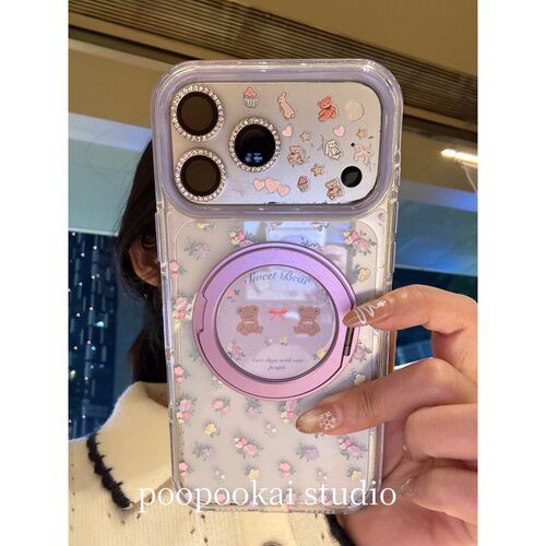 PooPookai韩系ins碎花小熊360支架适用于苹果16/17promax/iPhone15pro手机壳女款14全包防摔13保护套