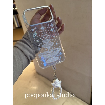 PooPookai ins韩系透明闪粉镭射喷泉适用于苹果16/17promax/iPhone15pro手机壳女款14全包防摔13保护套