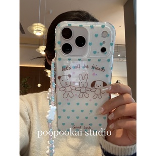 PooPookai可爱白底爱心狗狗牵手适用于苹果16/17promax/iPhone15pro手机壳女款14全包防摔13保护套