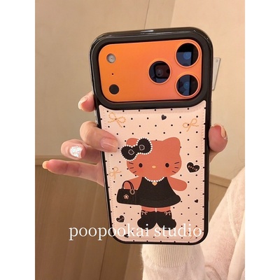 PooPookai 鼓包皮纹小香风黑皮猫咪适用于苹果16/17promax/iPhone15pro手机壳女款14全包防摔13保护套