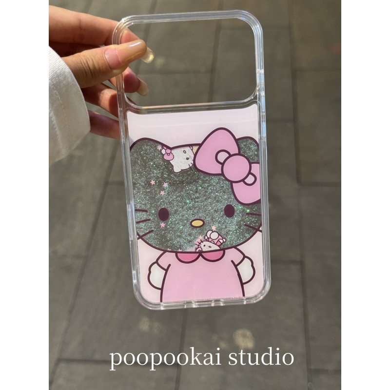 PooPookai可爱闪粉流沙镂空kt猫适用于苹果16/17promax/iPhone15pro手机壳女款14全包防摔13保护套