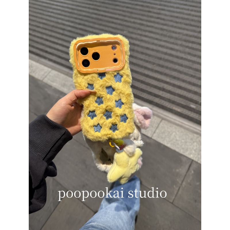 PooPookai小众秋冬毛绒刺绣蓝星星适用于苹果16/17promax/iPhone15pro手机壳女款14全包防摔13保护套