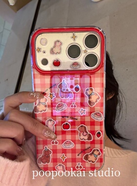 PooPookai可爱红色格纹满屏小马适用于苹果16/17promax/iPhone15pro手机壳女款14全包防摔13保护套