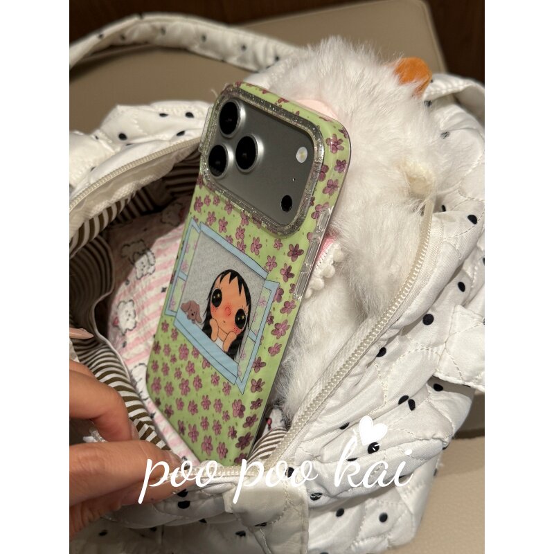 PooPookai小清新花朵窗户小玉狗狗适用于苹果16/17promax/iPhone15pro手机壳女款14全包防摔13保护套
