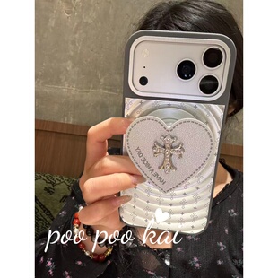 PooPookai高级感银色十字架磁吸适用于苹果16/17promax/iPhone15pro手机壳女款14全包防摔13保护套