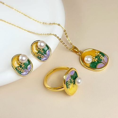 天然淡水珍珠新中式复古彩色创意油画麦穗耳环项链18k金配饰套装