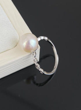 天然淡水珍珠简约气质指环正圆8-9mm珍珠女s925纯银珍珠戒指诸暨