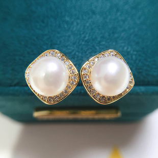 诸暨天然淡水珍珠8-9mm耳钉女方形大气高级锆石珍珠耳饰S925银针