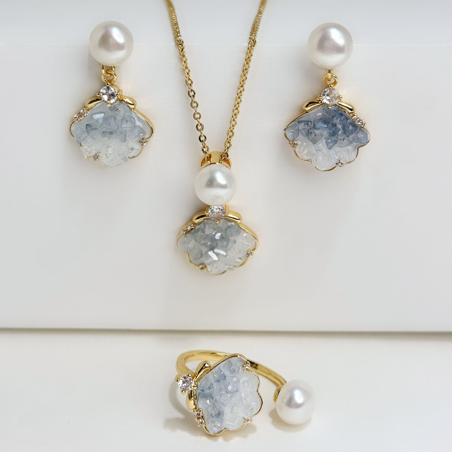 渐变蓝碎冰晶云朵天然淡水珍珠耳环戒指项链日常百搭高级感首饰