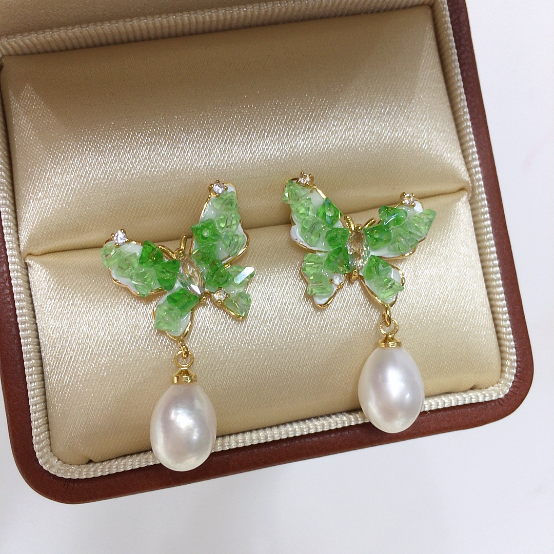 天然淡水珍珠耳钉女海盐碎冰晶蝴蝶水滴形珍珠耳饰S925纯银耳针