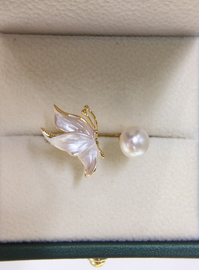 6A级高亮天然淡水真珍珠戒指女士18K包金磨砂蝴蝶珍珠指环开口