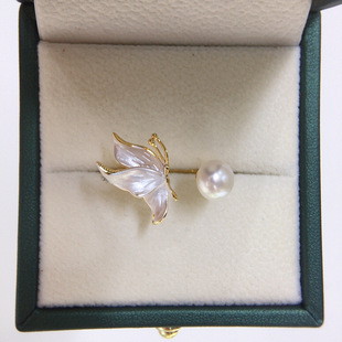 6A级高亮天然淡水真珍珠戒指女士18K包金磨砂蝴蝶珍珠指环开口