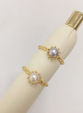 5A高亮天然淡水珍珠戒指开口戒18K真金电镀蕾丝皇冠戒指