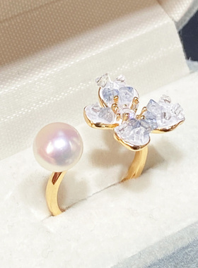5A级高亮天然淡水真珍珠戒指时尚精致18K包金海盐碎冰晶指环女士