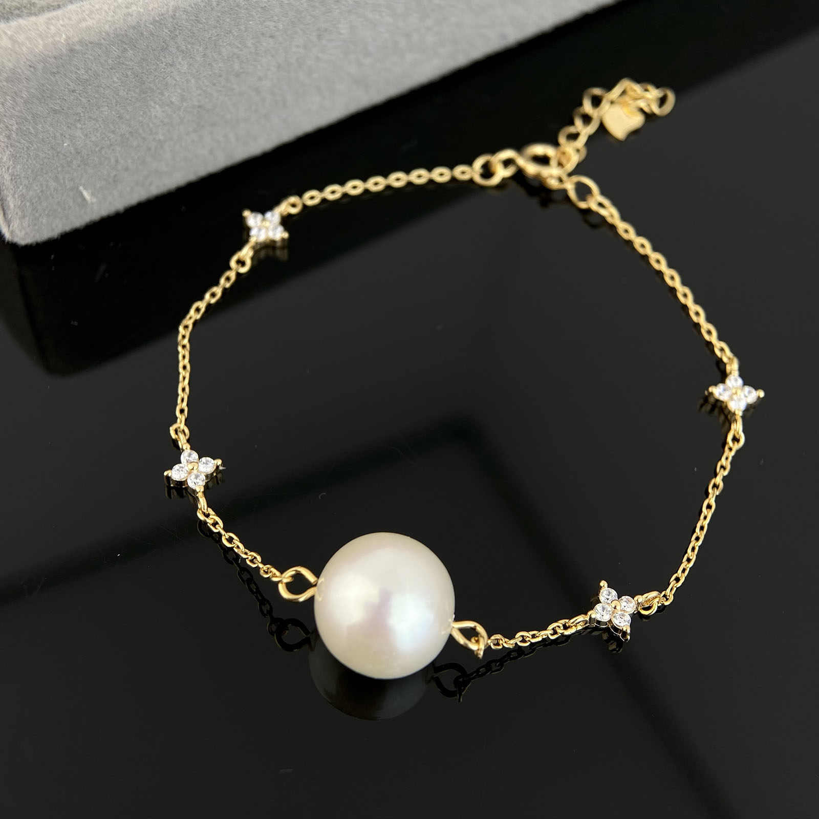 天然淡水珍珠锆石四叶草手链正圆11-12mm珍珠女s925纯银珍珠手链