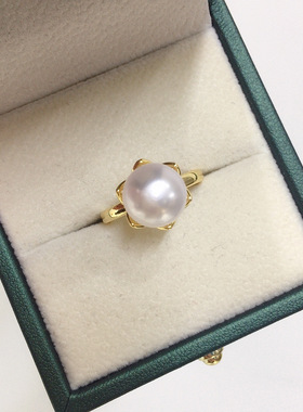 5A级高亮天然淡水无核珍珠戒指18K包金简约花苞珍珠戒指