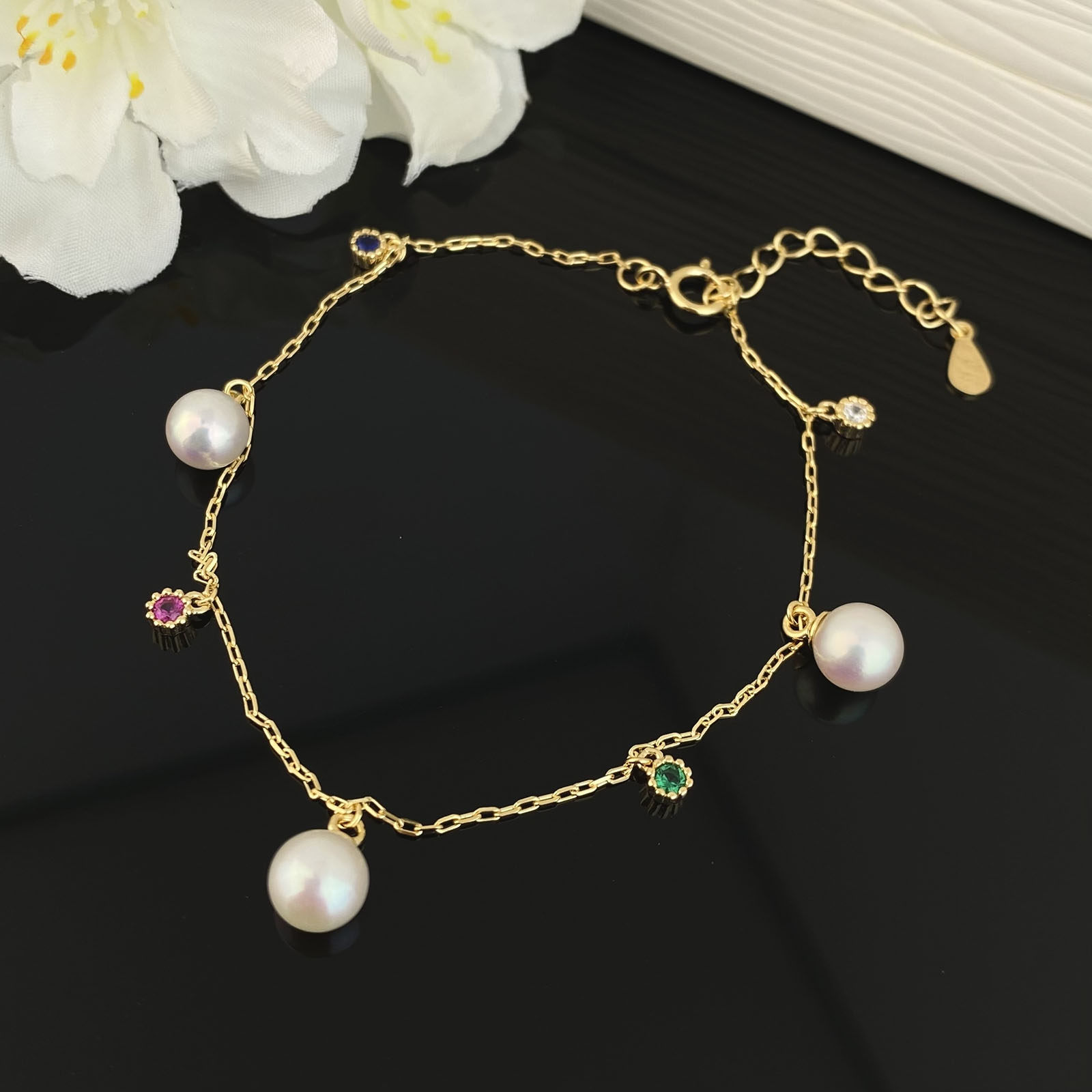 天然淡水珍珠彩锆多巴胺手链正圆5-6mm珍珠s925纯银女士珍珠手链