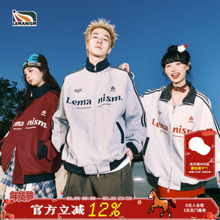 lemanism加绒款棒球服红色外套男潮牌立领春秋情侣美式夹克女外套