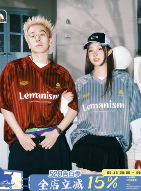 lemanism美式复古球衣风足球短袖t恤男款V领条纹红色球服情侣上衣