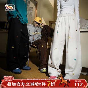lemanism美式潮流满印宽松直筒休闲卫裤男款新款加绒情侣款裤子女
