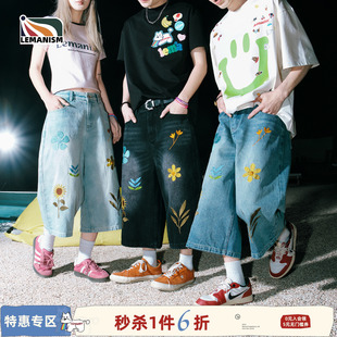 夏季 子情侣款 休闲七分裤 潮牌休闲裤 直筒裤 lemanism花朵牛仔短裤