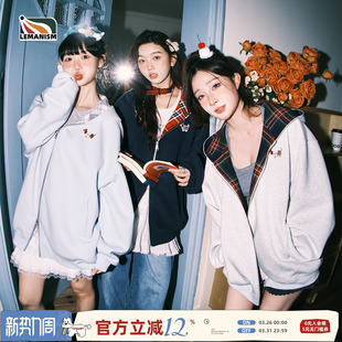 外套女 情侣款 lemanism潮牌腊肠狗格子拼接开衫 卫衣男连帽2025春季