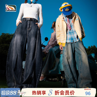 lemanism美式潮流拼接弯刀牛仔裤男情侣款2026新款宽松休闲裤子女