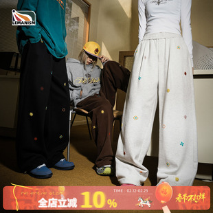lemanism美式潮流满印宽松直筒休闲卫裤男款新款加绒情侣款裤子女
