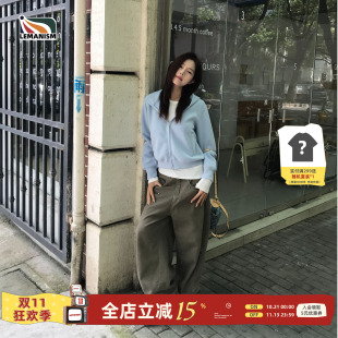 lemanism美式复古高腰宽松显瘦百搭情侣休闲弯刀阔腿男女牛仔裤子