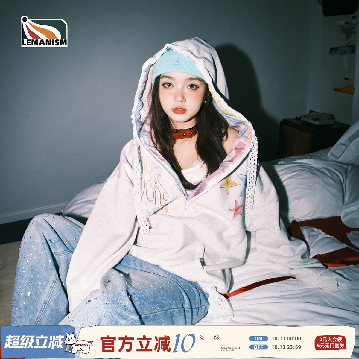 lemanism芭蕾风卡通涂鸦星星连帽卫衣女秋季新款潮牌中性拼接外套