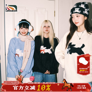 lemanism马海毛卡通圆领毛衣男2025秋冬情侣款 仿貂毛针织线衣外套