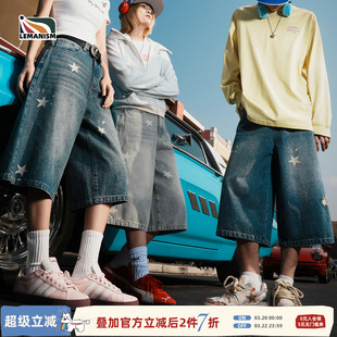 lemanism美式潮牌星星七分牛仔裤男2026夏季新款情侣裤休闲短裤女