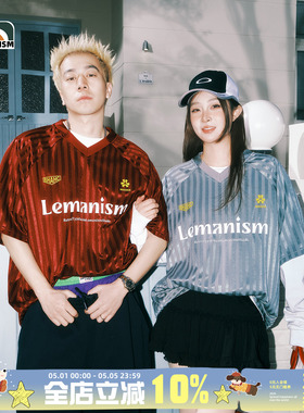 lemanism美式复古球衣风足球短袖t恤男款V领条纹红色球服情侣上衣