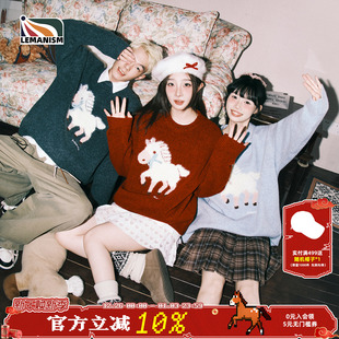 情侣款 新款 毛线衣女 潮流圆领小马毛衣男2025秋冬季 lemanism美式