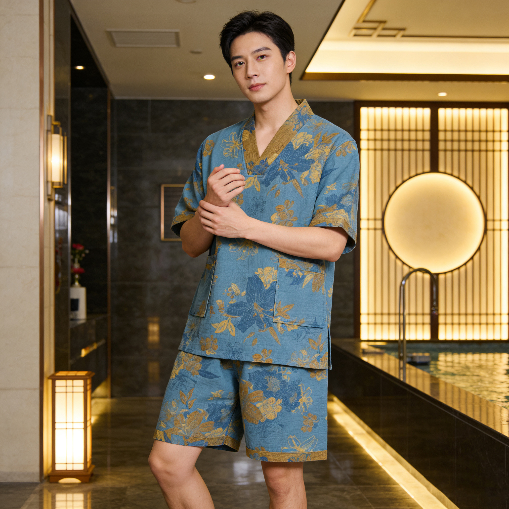 双层纱汗蒸服男士纯棉女浴服情侣家居男款温泉洗浴美容桑拿服睡衣