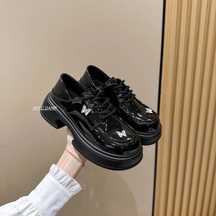 复古漆皮小皮鞋女2026春夏新款厚底百搭英伦学院风蝴蝶结系带单鞋