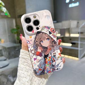 原创戴帽子白色简约女适用苹果15手机壳新款iPhone14软壳卡通13Pro菲林全包小米14荣耀80男女红米K70防摔轻薄