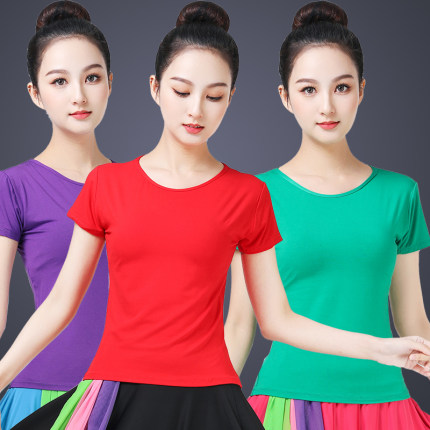 2023夏季新款广场舞服装女圆领休闲短袖上衣表演服演出舞蹈服装