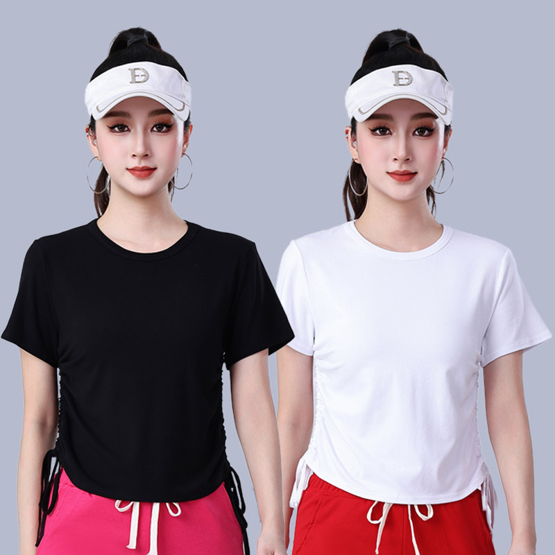 广场舞服装莫代尔新款舞蹈上衣纯色双抽绳短袖T恤女士健身练功服