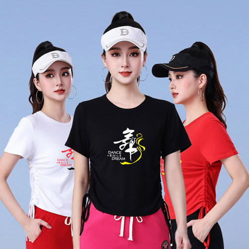 广场舞舞蹈服新款印字双抽绳短袖