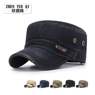 春秋四季通用水洗做旧平顶帽皮边复古褪色男女士竹节棉质帽子