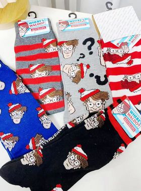英国绘本 沃利 威利在哪里where is wally 卡通 纯棉中筒袜