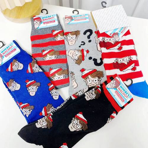 威利在哪里卡通纯棉中筒袜