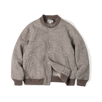 NATIVEWELL宽松羊毛棒球夹克经典编织纹理厚格纹里