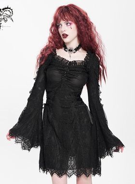 DevilFashion哥特风黑色蕾丝喇叭袖连衣裙SKT24501