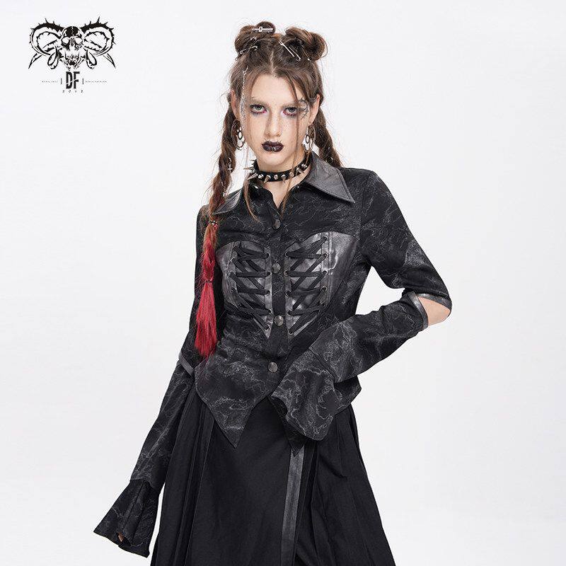 DevilFashion哥特风黑色暗纹拼接皮质衬衫SHT143