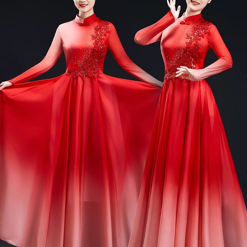 古典舞服装中国风红色长袖大摆裙女扇子舞歌伴舞演出服舞台表演服图片