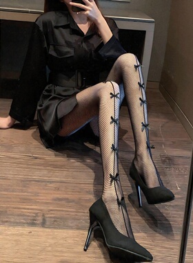 春夏女丝袜镂空蕾丝黑色蝴蝶结渔网袜外穿连脚袜潮ins袜子多蝴蝶