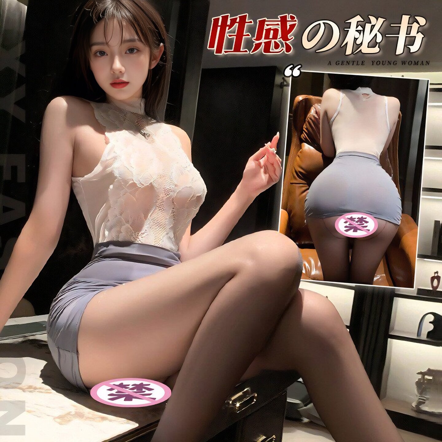 蕾丝花纹高腰拼接包臀职业秘书
